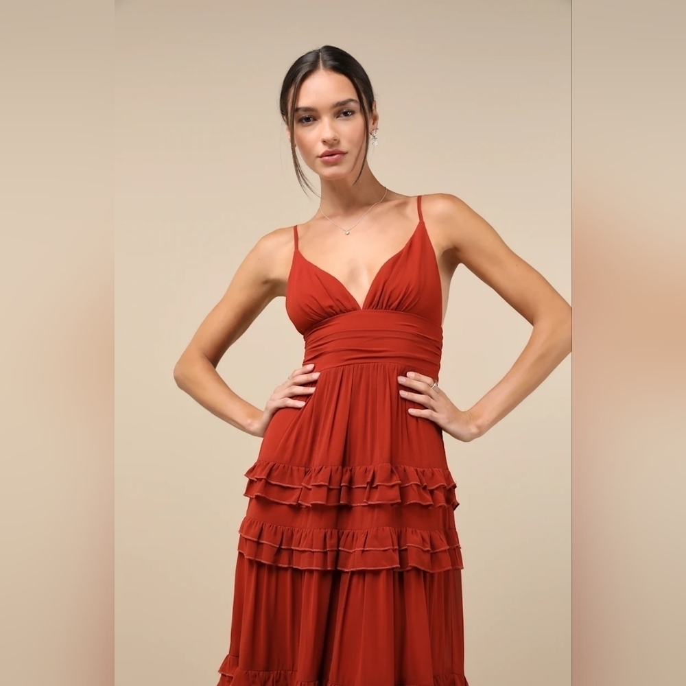 Lulus Lavish Perfection Rust Orange Ruffled Tiered Maxi Dress L Wedding Party - Picture 3 of 8